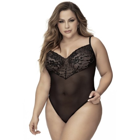 Body, grande taille, noir en dentelle et résille noire - MAL8795XBLK