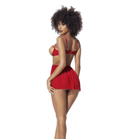 Nuisette fine résille rouge avec bonnets ouverts et string  - MAL7508RED