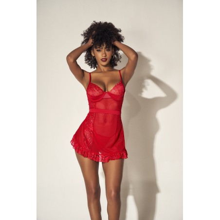 Nuisette en dentelle et résille rouge avec string assorti - MAL7507RED