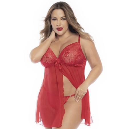 Babydoll, grande taille, en dentelle et résille rouge ouvert sur le devant - MAL7501XRED