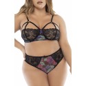 Deux-en-un, nuisette et ensemble trois pièces noir, grande taille, tissu fleur exotique - MAL7496XBLK