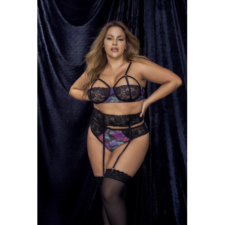 Deux-en-un, nuisette et ensemble trois pièces noir, grande taille, tissu fleur exotique - MAL7496XBLK