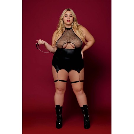 Body BDSM noir, grande taille, en maille avec corset / porte-jarretelles, simili cuir, intégré - DG13295XBLK