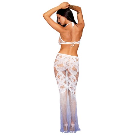 Robe bodystocking blanche sans couture avec motif de dentelle personnalisé et motifs en résille - DG0491WHT