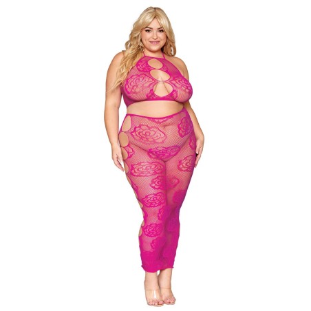 Ensemble Soutien-gorge et jupe longue en filet rose, grande taille - DG0485XBEE