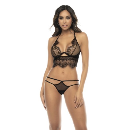 2 en 1 Nuisette et ensemble 2 pièces en dentelle et résille, soutien gorge avec armatures, string et une jupe - MAL7551BLK