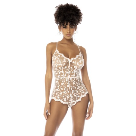 Body blanc transparent Celina avec dentelle brodée florale, bretelles ajustables - MAL7543STWT