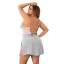 Nuisette en coton grise grande taille fendue sur les côtés et finition dentelle blanche - MAL7313XGREY