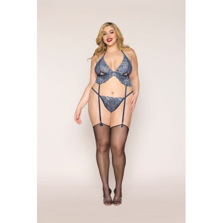 Soutien porte jarretelles grande taille et string en dentelle florale bleue - DG13522XBLU