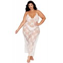 Nuisette longue blanche grande taille en dentelle florale, string assorti - DG13667XWHT